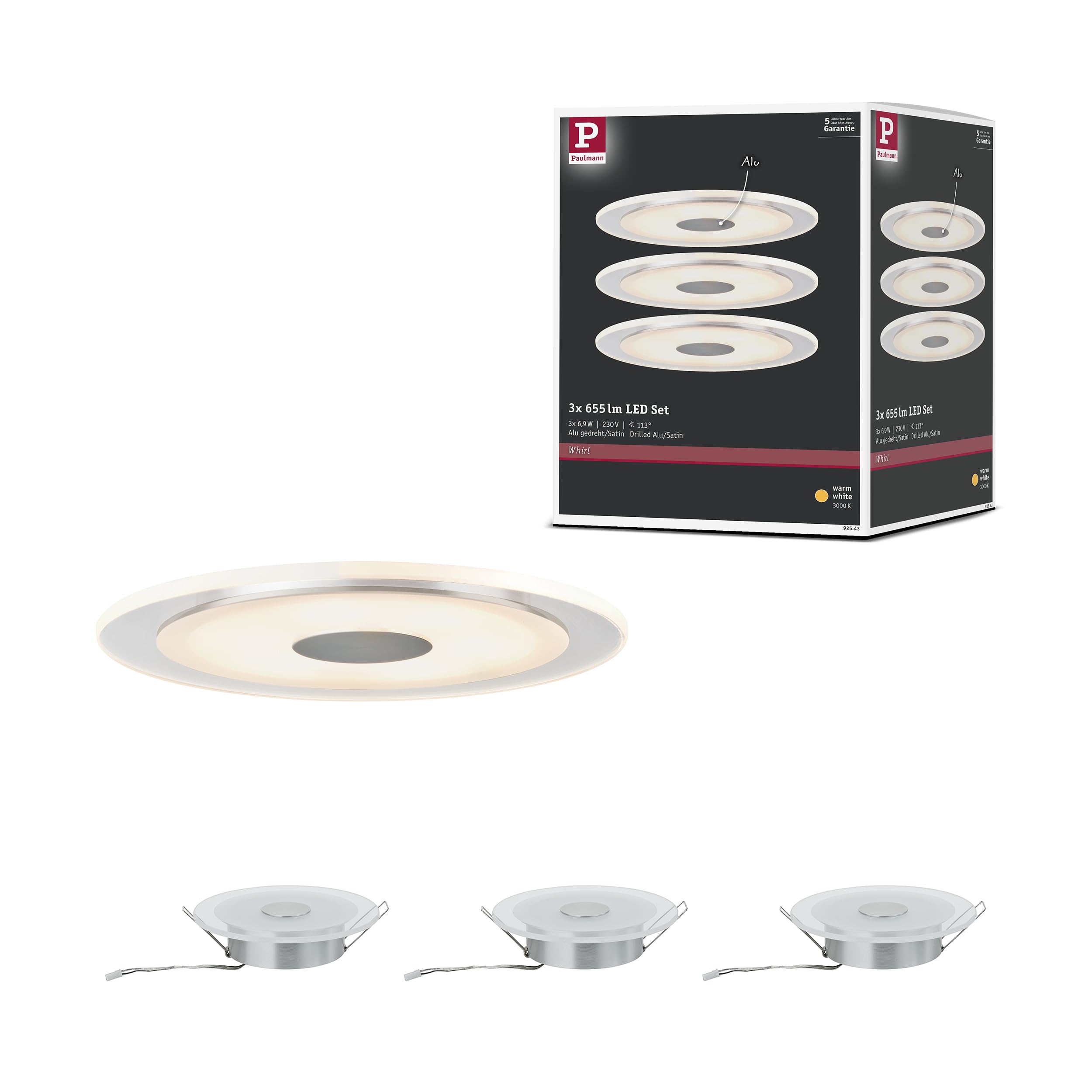Paulmann 925.43 Premium EBL Set Whirl rund LED 3x6W 18VA 150mm Alu gedreht/Satin 92543 Spot Einbaustrahler Einbauleuchte