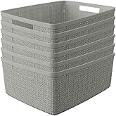 Curver Set of 6 Medium 12L Jute Decorative Plastic Organization and Storage Baskets - Perfect Bins for Home Office, Closet Shelves, Kitchen Pantry and All Bedroom Essentials, Grey