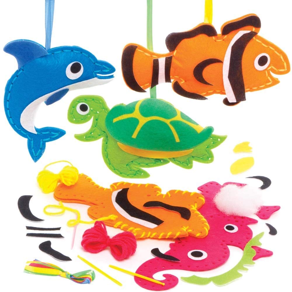 Baker Ross FE283 Sealife Sewing Decoration Kits - Pack of 4, Sewing Set for Children, Creative Activities for Kids, Ideal Arts and Crafts Project