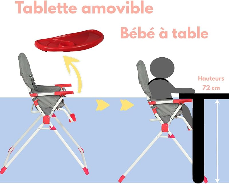 Seggiolone fisso pieghevole per bambini | Ultra compatta e leggera, Ripiano regolabile rimovibile | Rosso