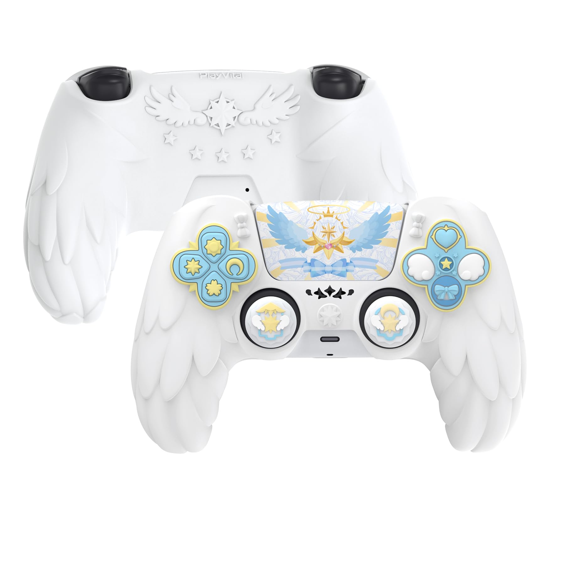 PlayVital Magic Wings Protective Silicone Cover Skin for ps5 Controller – Soft Anti-Slip Grip Protector Case for ps5 Controller with Thumbstick Caps & Stickers, Charging Station Compatible - White