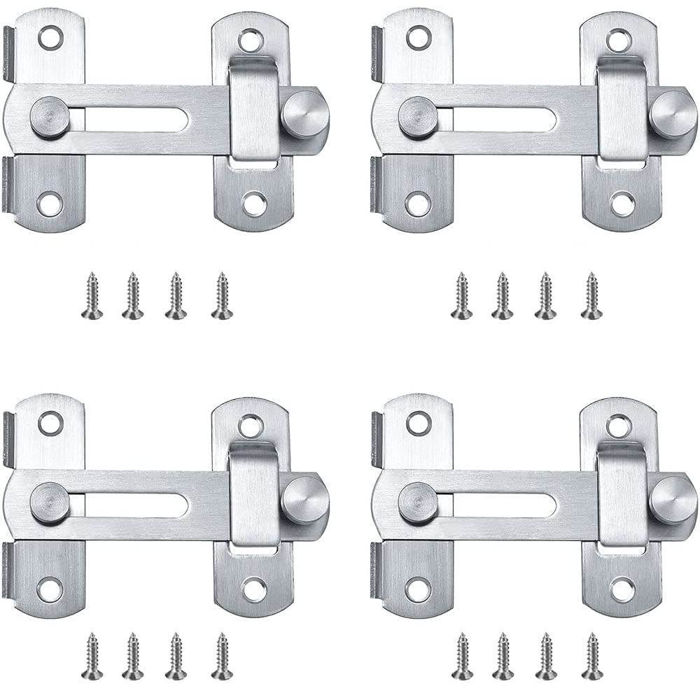 Lxoraziy 4 Pieces Stainless Steel Latch Lock Gate Bolt Latch with Screws, 4 inch Garage Door Lock Gate Lock, Door Catches, Sliding Door Lock, Small Gate Bolt — image 1