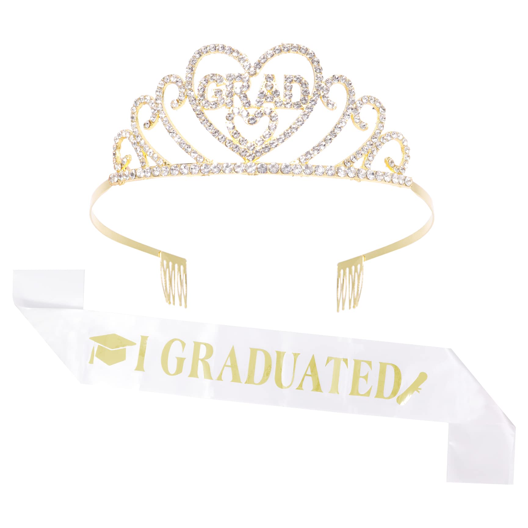 Qaziuy Graduation Crown & Graduation Sash, Gold Glitter Princess Graduation Tiara Satin Sash for Graduation Party Decorations Grad Decor