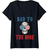 Bad To The Bone Skeleton Skull USA Flag Sunglasses V-Neck T-Shirt