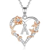EUDORA Rose Heart Initial Necklace for Women Letter Alphabet Initial Necklaces Copper Rhodium Plated Pendant with Cubic Zirconia, Initials Jewelry Gifts for Women Wife Mother, 18"