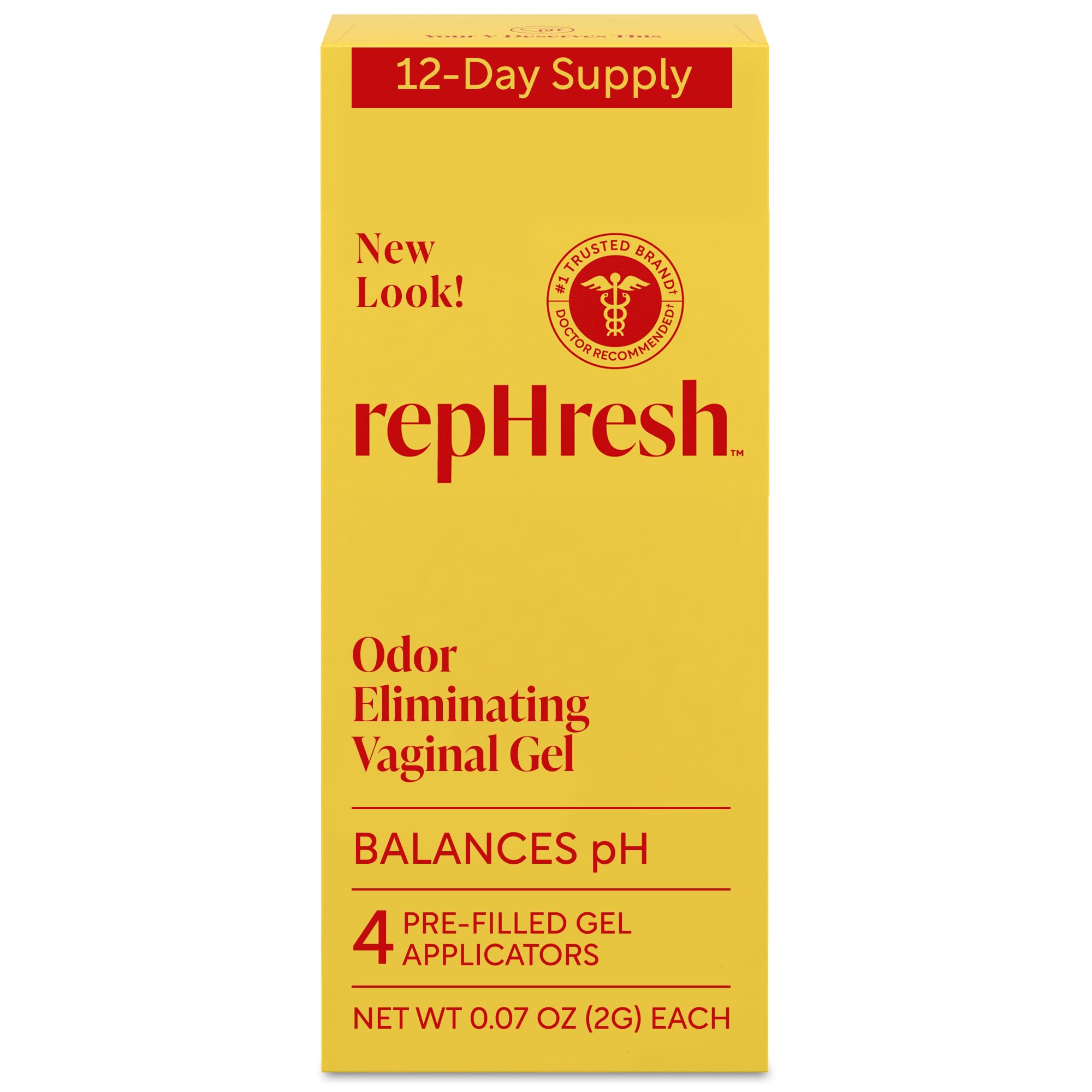 Rephresh Odor Eliminating Vaginal Gel, Clinically Tested to Balance pH & Eliminate Odor for up to 3 Days, Pre-Filled Applicators, 4 ct