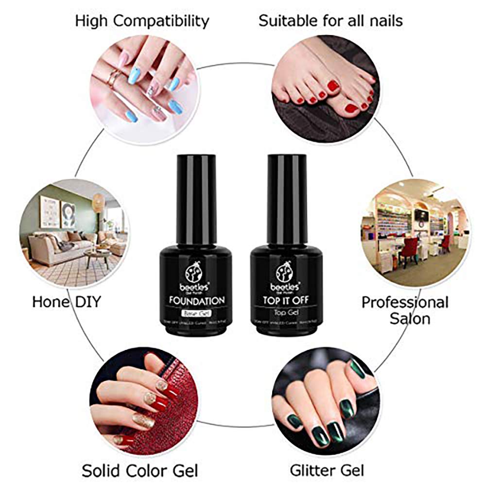 Beetles 2 Pcs 15ml No Wipe Gel Top Coat and Base Coat Set - Shine Finish and Long Lasting, Soak Off U V LED Gel: Beauty