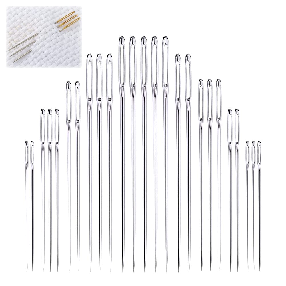 Large Eye Sewing Needles, Embroidery Needles, Stainless Steel, 25 Pieces Sharp Needles with Wooden Needle Case Carving Pattern