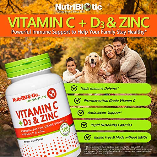 NutriBiotic Vitamin C + Vitamin D3 & Zinc, 100 Capsules Potent