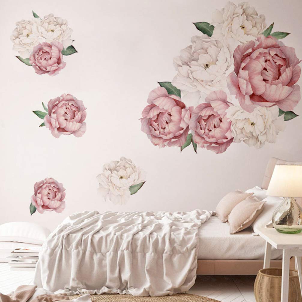 Wakauto Floral Wall Sticker, Removable Pink Peony Rose Flower Wall Decals Mural Pastoral Style Wallpaper Art Decor for Living Room and Bedroom TV Background