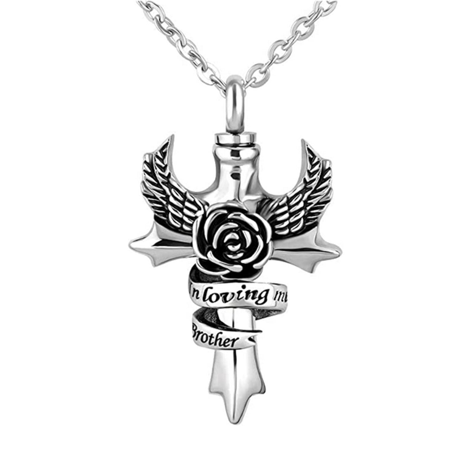 LSxAB Memorial Brother Cremation Urn Necklace for Ashes Angel Wing Cross Family Keepsake Pendant to Hold Ashes