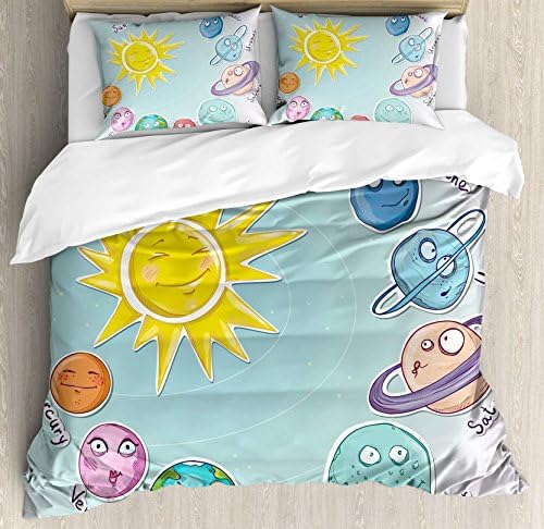 USOPHIA Space 4 Pieces Bed Sheets Set Queen Size, Cute Cartoon Sun and Planets of Solar System Fun Celestial Chart Baby Kids Nursery Theme Floral Duvet Cover Set, Multi