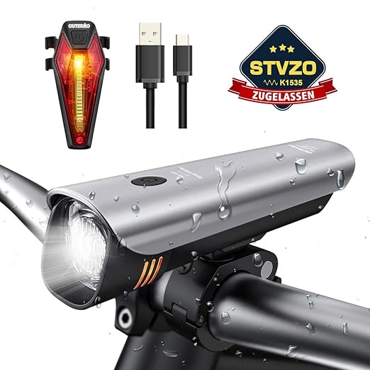 OUTERDO LED Fahrradlicht Set, LED Fahrradbeleuchtung StVZO Zugelassen Wasserdicht IPX5 USB Wiederaufladbare Fahrradlampe Set 