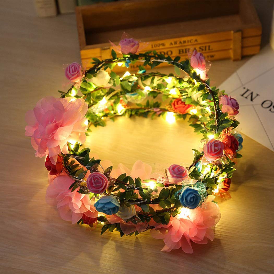 LED Flower Crown, ZOYLINK 12PCS Flower Wreath Garland Flower Headdress Luminous Headpiece Light-up Hair Hoop for Wedding Bridal Night Party Decor Festival Holiday Christmas Halloween Party