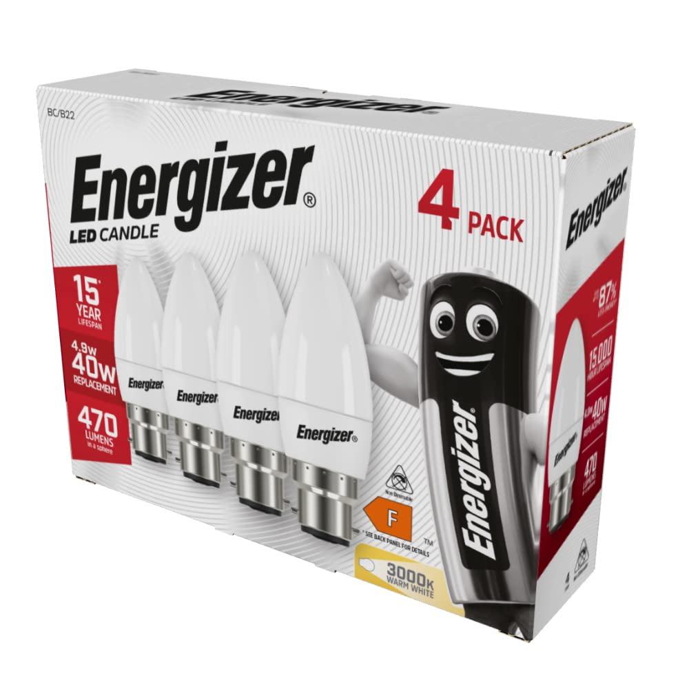 Energizer Candle 4.5W 40W Replacement LED Bulb 4 Pack (Warm White, B22), ENGS14331 [Energy Class F]