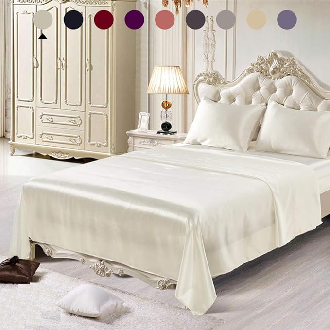 Chanyuan 4 Pieces White Satin Silk Bed Sheets Set Full Size