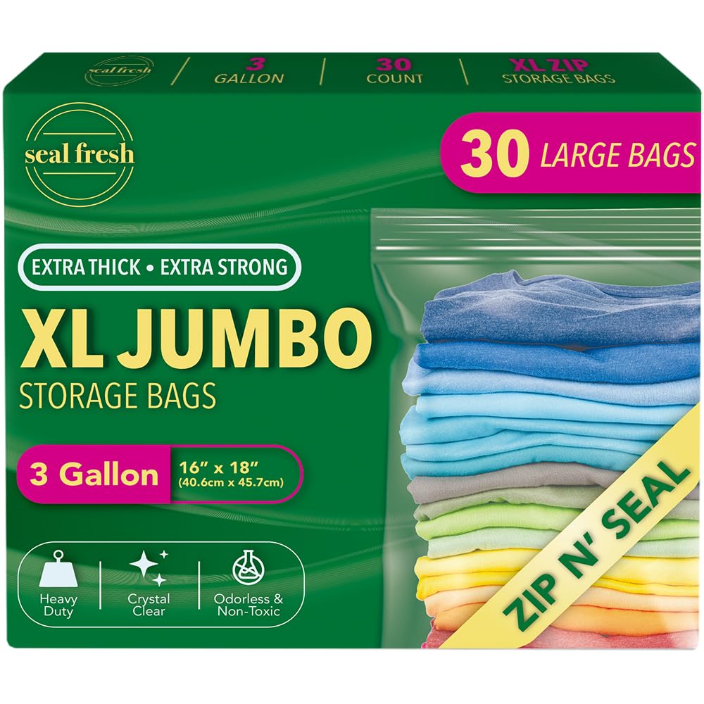 Photo 1 of Seal Fresh 3 Gallon Large Plastic Storage Bags – 16" x 18" (30 Count) – Reusuable XXL Extra Large Heavy Duty Clear Jumbo Freezer Zip Bags with Sealable Zipper Top For Clothes, Travel, Moving
