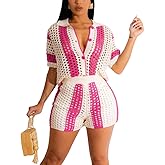 cu4eve Crochet Sets Two Piece Women Summer Causal Knit Short Sleeve Button Down Shirt and Shorts Matching Set Jumpsuit