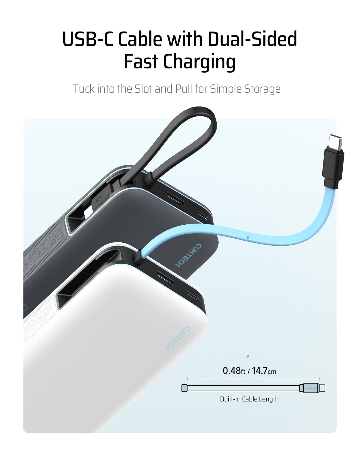 CUKTECH 45W Power Bank 20000mAh, Portable Travel Charger Built-in USB C Cable, Fast Charging Battery Pack for iPhone 16/15/14/13, iPad, Samsung Galaxy, Google Pixel, Android and More (Gray)
