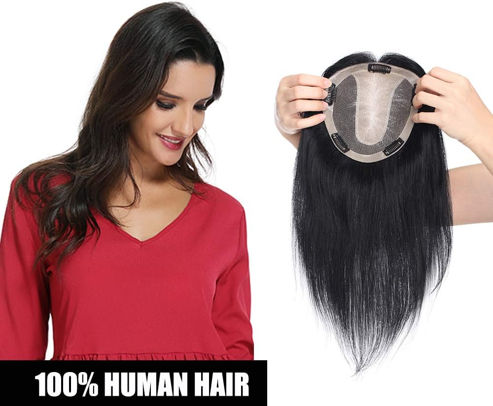 Human Hair Toppers for Thinning Hair Women Silk Base 100% Real Remy Hair Clip in - Invisible Natural One Piece Toupee Hair Extension Hairpiece - 120% Hair Density (12 inches, 1 Jet Black)