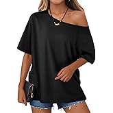 Tankaneo Womens Oversized Off The Shoulder T Shirt Cotton Short Sleeve Casual Tunic Tops Summer Loose Fit Flowy Tees