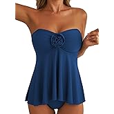 Aleumdr Womens Tankini Swimsuit Flower Flyaway Two Piece Bathing Suit Bandeau Swim Top with High Waisted Bottom
