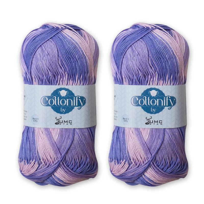Cottonify Ne 6/4 Pack of 2 100% Combed Cotton Mercerized Crochet and Knitting Yarn| Medium Weight | Gassed & Mercerized Soft Yarn – 186 Yd 100 Grams per Ball | (2, Purple Variegated 192)