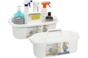 Goderewild 2 Pack Multi-Purpose Plastic Cleaning Caddy with Handle, Shower Caddy Organizer/Storage Basket/Totes Portable for Bathroom Supplies, Cleaning Products, Under Sink Tool, Housekeepers(White2)