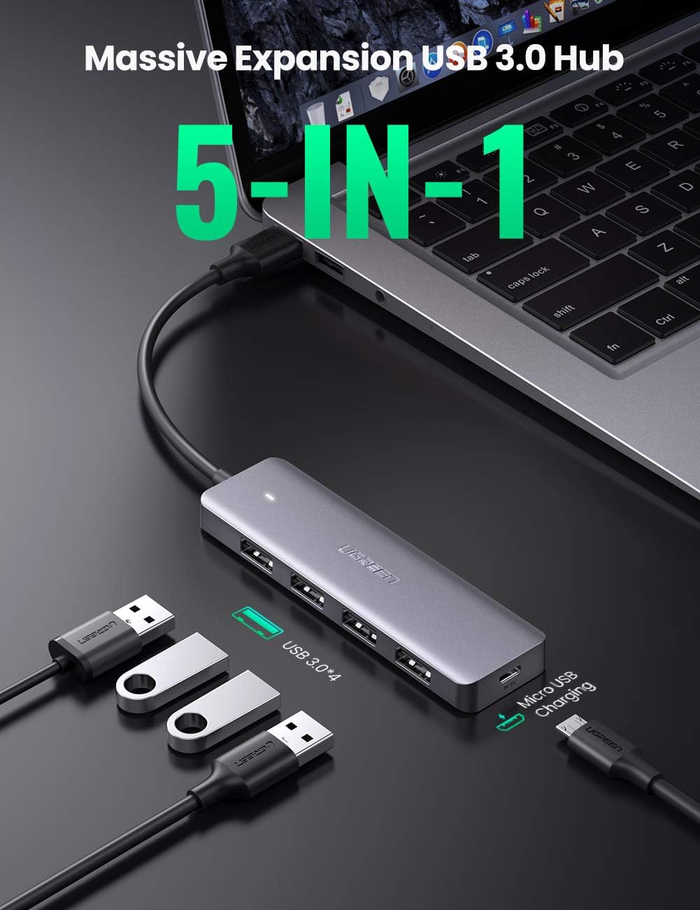 UGREEN USB HUB 3.0, USB Splitter 5-in-1, USB Extender with 5V/2.4A PD, 5Gbps Data Transfer - Image 3