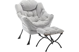 SESHINELL Lazy Chair with Ottoman, Modern Accent Chair Lounge Leisure Sofa Chair with Armrests, Reading Chair and Folding Footstool for Living Room, Bedroom, Office, Light Grey