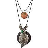 color cosplayer Leather Cord Necklace Vintage Style Wooden Leaf Boho Statement Long Necklace for Women Handmade Jewelry