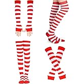 MCPINKY Red and White Striped Socks, Including Candy Cane High Knee Socks Long Arm Warmer Gloves, 2 Pair Crazy Outfits for Girls Women Holiday Themed Party Cheerleading Sports Costume