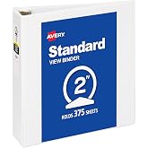 Avery&reg; Standard View 3 Ring Binder, 2" Round Rings, 1 White Binder | For School, Home and Everyday Organization, Clear View Covers, Two Interior Pockets, Nonstick Material, Lay-Flat Pages