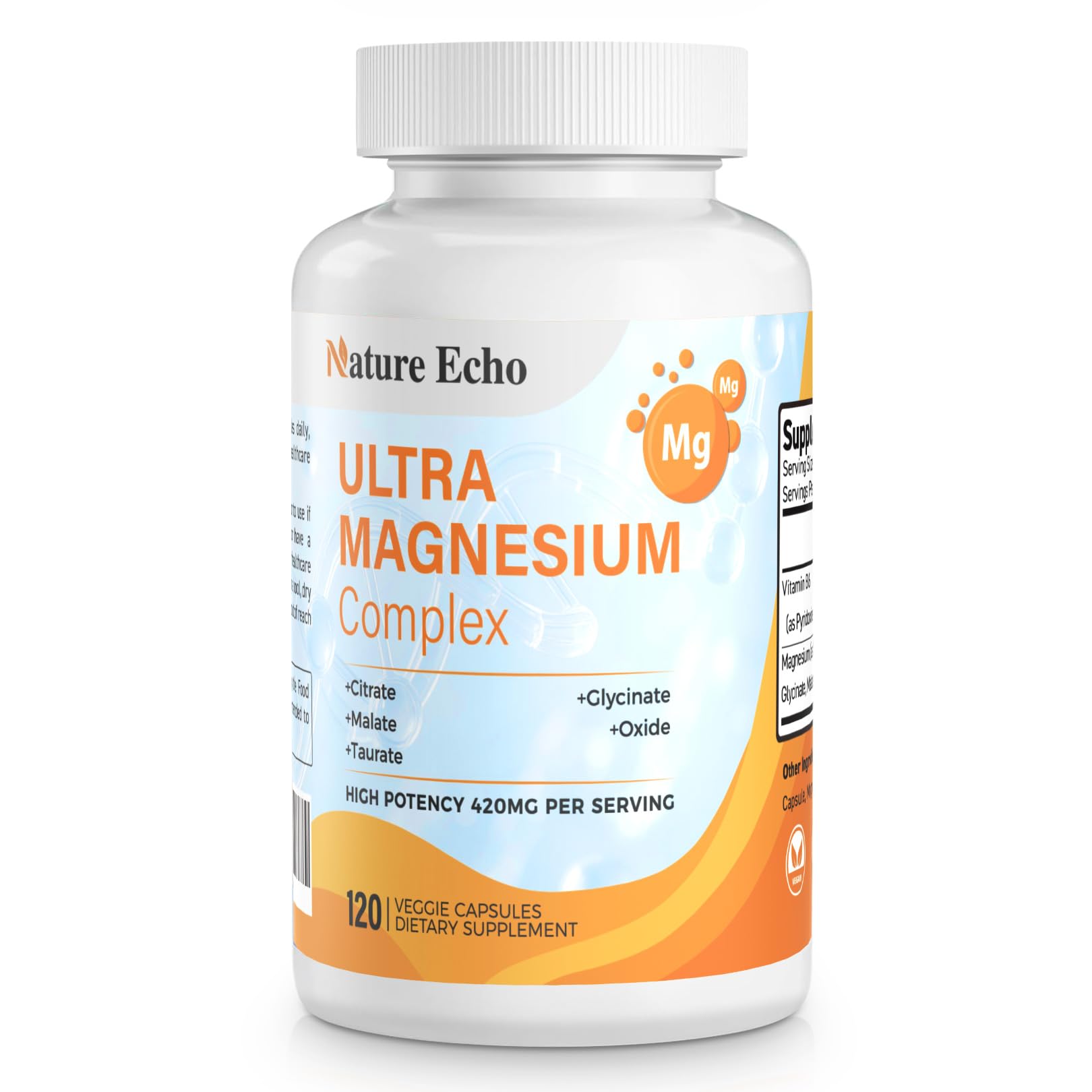Nature Echo 6 in 1 Magnesium Supplement 420mg 5 Forms of Mg: Glycinate, Malate and More Magnesium Complex with B6 to Support Stress Relief, Heart Health, Muscles, 120 Capsules