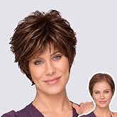 WIGYY Pixie Cut Wig for White Women, Wavy Auburn Brown with Golden Highlights, Short Synthetic Wig with Bangs, Protein Synthetic Fiber Wig for Older Women Daily Wear