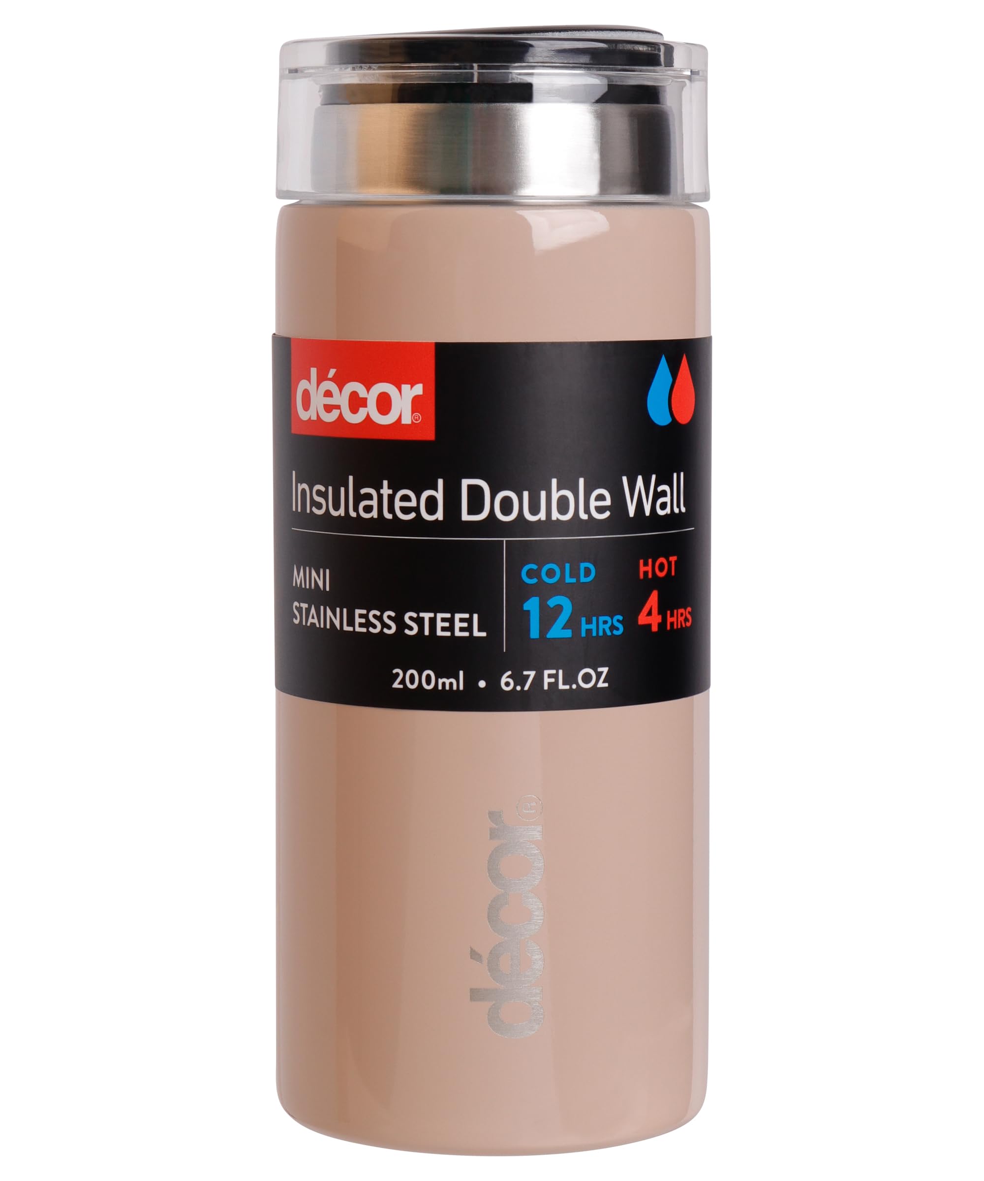 Décor Double Wall Stainless Steel Travel Mug - Keeps 4 Hours Hot - 12 Hours Cold - Car Cup Holder Compatible - Removable Screw Top Lid - 200ml Latte.