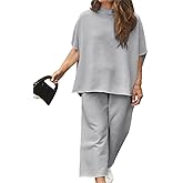Beautife Women's Plus Size 2 Piece Outfits 3/4 Batwing Sleeve Capelet Crew Neck Pullover Top Wide Leg Pants Lounge Set