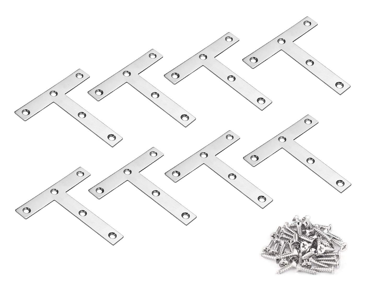 TERF® 8 Pcs Zinc Plated Steel 100mm X 100mm Flat '' T '' Shape Angel Corner Brace Bracket Joining Fixing Self Support Repair Mending Plates with Fixing Screw