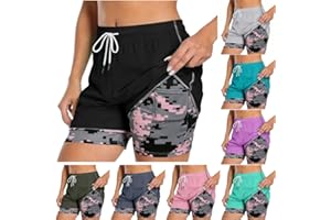 Gym Shorts for Women 2 in 1 Workout Athletic Gym Running Shorts Camo Liner Quick Dry High Waisted Shorts with Pockets