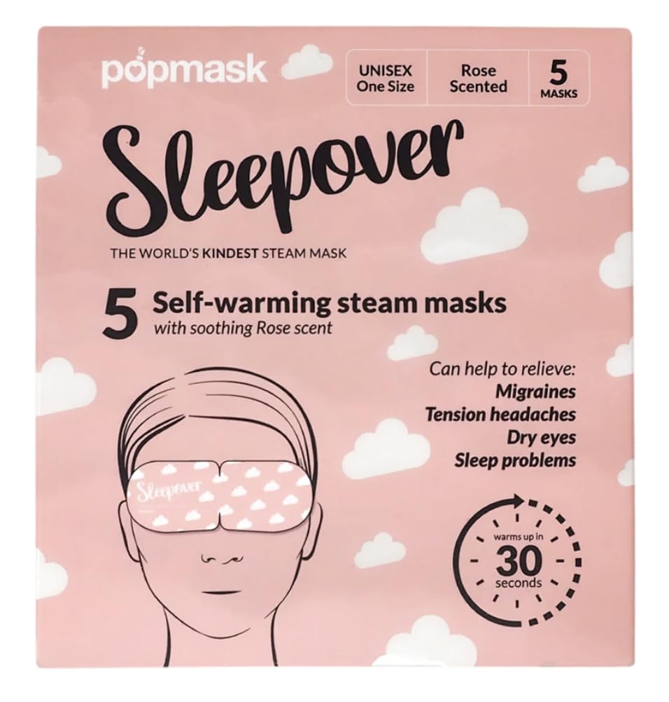 Popmask Sleepover Self-Heating Rose Scented Eye Mask, Natural Steam Heat Relief for Migraines, Headaches, Allergies, and Dry Eyes, 5 Individually Packaged Eye Masks