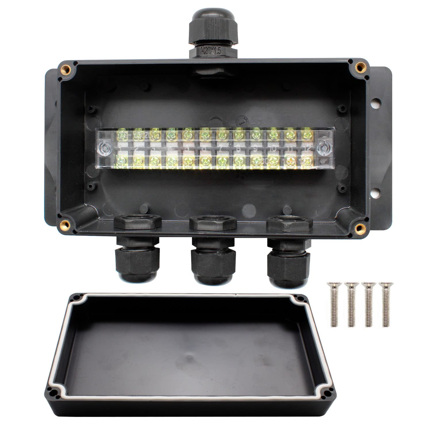 AMONENZ IP66 Outdoor Junction Box, Junction Box 4 Way, Black Weatherproof Electrical Box, Terminal Electrical Shell with Mounting Holes and with 4 Waterproof Connectors
