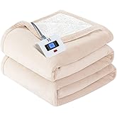 Sealy Electric Blanket Full Size, Heated Blanket Flannel & Sherpa, 10 Heating Levels, Auto Shut Off, Machine Washable, Beige,