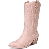 DREAM PAIRS Women's Cowboy Boots Pull On Cowgirl Boots Mid Calf Western Boots, Available in Regular and Wide Calf