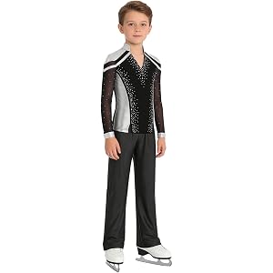 Ice Figure Skating Training Suit for Boys Long Sleeve Shiny Rhinestones Metallic Top with Straight-Leg Pants