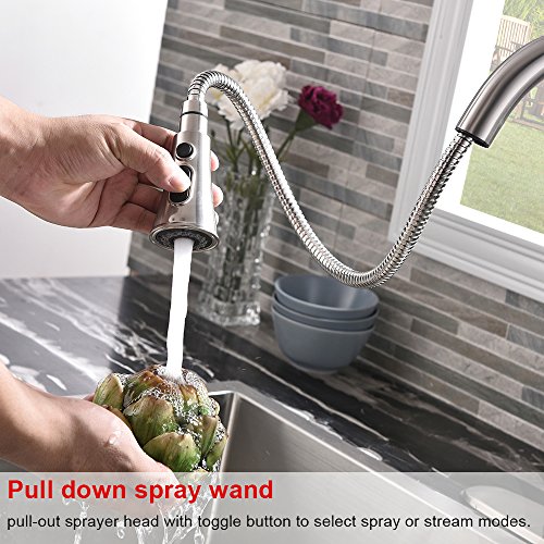 VALISY Lead-Free Commercial Stainless Steel High-Arch Brushed Nickel Single Handle Pull Down Sprayer Kitchen Sink Faucets, Kitchen Faucet with Deck Plate - Thumbnail 3