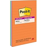 Post-it Super Sticky Lined Notes, 4 Sticky Note Pads, 4 x 6 in., School Supplies, Office Products, Sticky Notes for Vertical Surfaces, Monitors, Walls and Windows, Energy Boost Collection