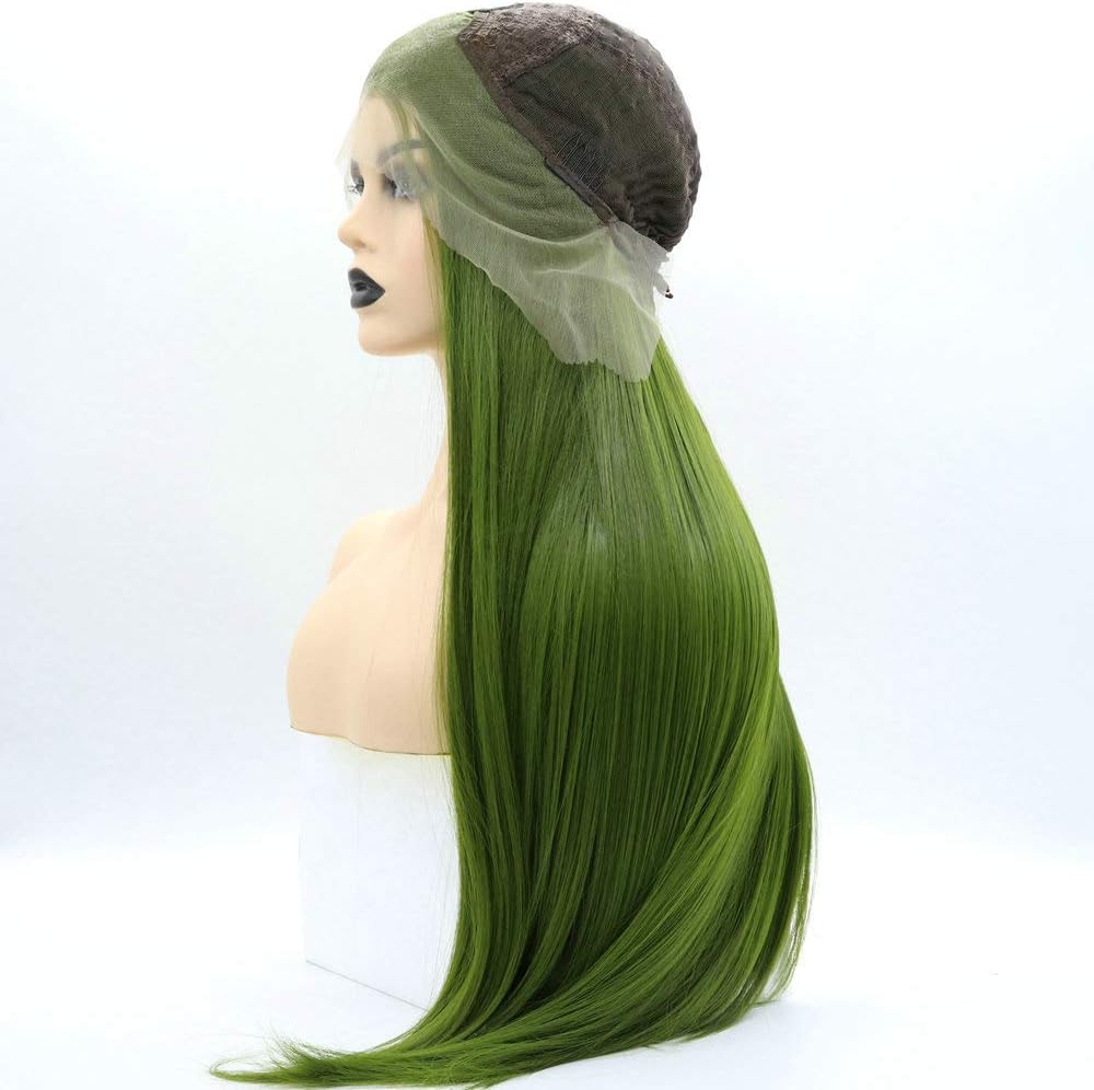 13x3" Pre Plucked Long Straight Colorful Wigs for Women Natural Looking Heat Resistant Fiber Synthetic Lace Front Wigs for Replacement/Party/Cosplay/Costume/Daily Use (Olive Green)