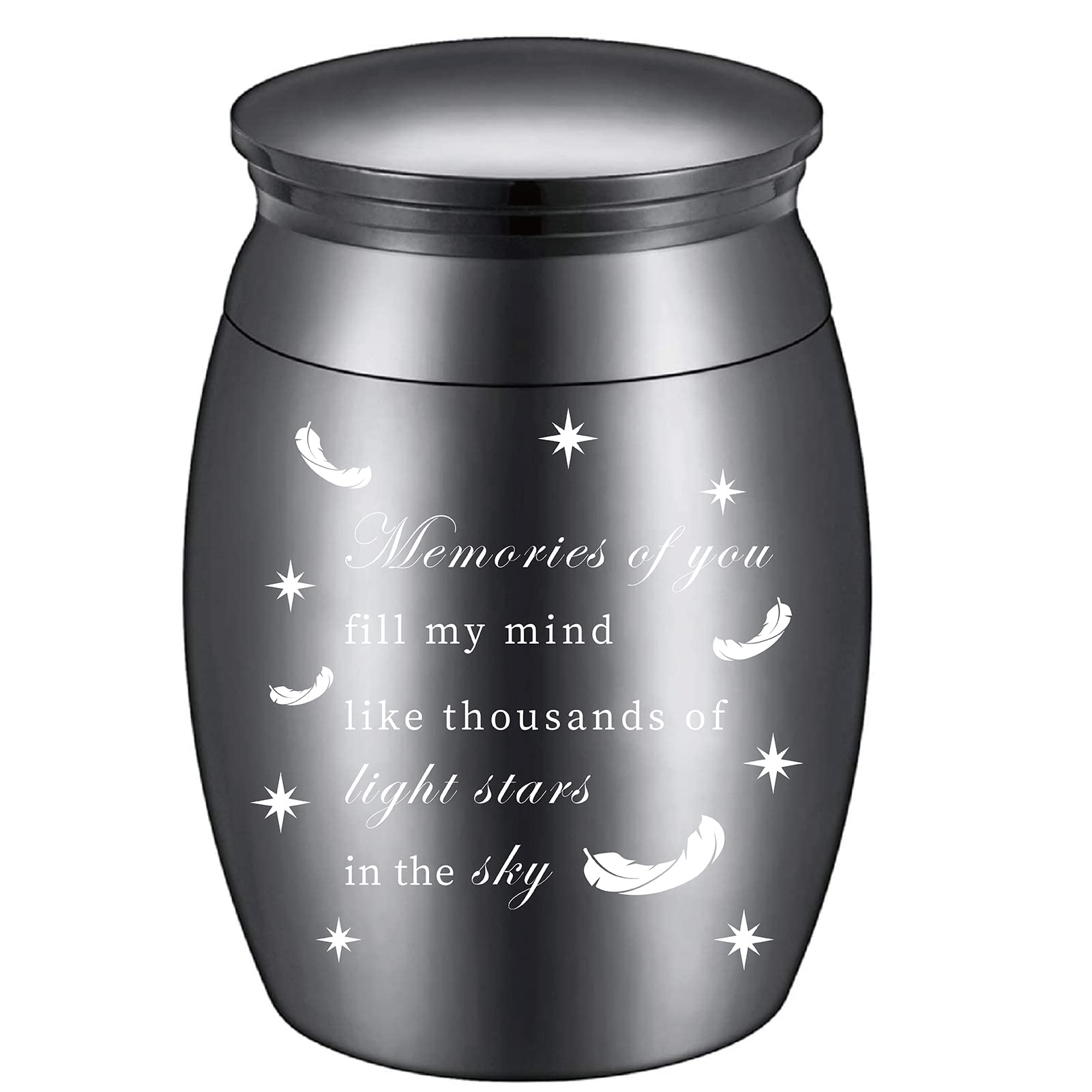 CREATCABIN Small Keepsake Urn for Human or Pigeon Ashes Memorial Mini Urns with A Feather Stars Stainless Steel Modern Extra Small Ashes Holder Cremation Container 1.18x1.57inch Black