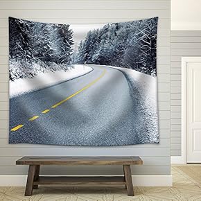 Empty Country Road in Snowy Forest in Winter - Fabric Wall Tapestry Home Decor - 51x60 inches
