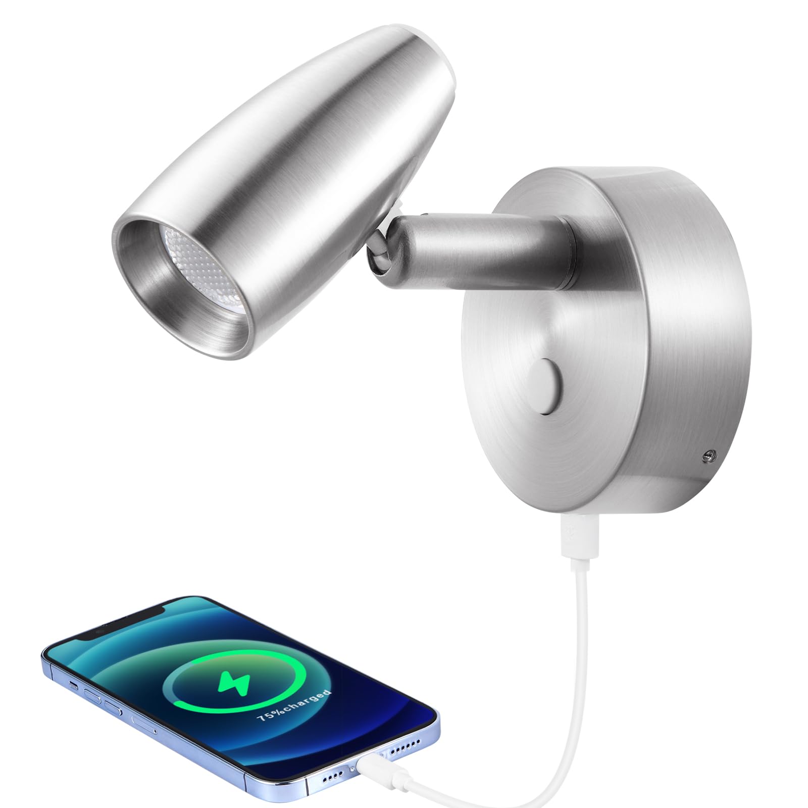 Obeaming Reading Light 12V Campervan with Quick USB Charger & Blue Nightlight, Swivel LED Spotlight Caravan Boat Travel Trailer Van Bed Reading Light, 12-24VDC Hard-Wired, Nickel Finish